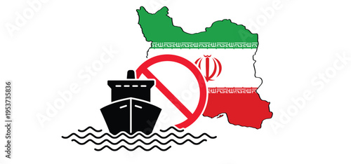 Map of Iran with the flag of Iran, Maps islamic republic of iran. With the Persian Golf, Gulf of Oman and Strait of Hormuz. Naval blockade of naval vessels, oil tankers and cargo ships.