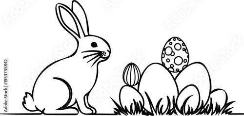 Happy easter sunday black and white easter bunny with eggs in grass illustration for kids