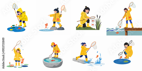 Set of cute illustrations featuring a young girl in a yellow raincoat and boots catching goldfish with a net in different water settings.