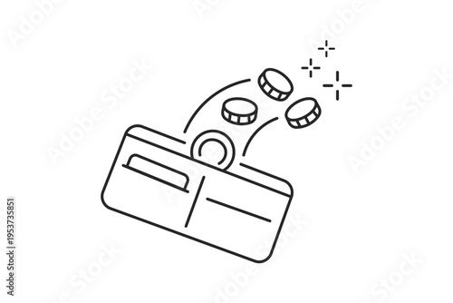A line art depiction shows coins being ejected from an open wallet suggesting financial transaction or spending high quality professional detailed