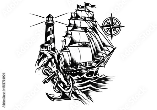 Nautical adventure with a vintage sailing ship, lighthouse, anchor, and compass rose