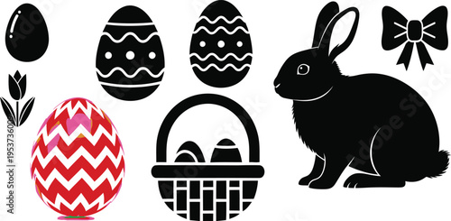 Happy easter sunday celebration with easter eggs bunny and basket