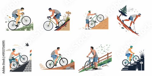 Set of vector illustrations featuring a young man cycling and pushing his bicycle through various challenging outdoor terrains and steep hill slopes.