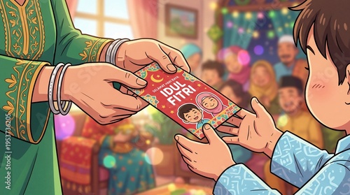 Giving Idul Fitri Money Packet to Child