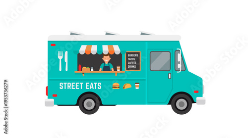 A vibrant illustration of a food truck, ready to serve up delicious meals on the go. The food truck has a welcoming design, and is open for business.