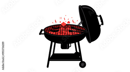 An open barbecue grill with food cooking on a grill with flames