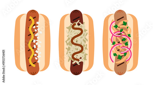 A mouthwatering trio of hot dogs, each adorned with a unique array of toppings and nestled in a soft bun. They look deliciously tempting!