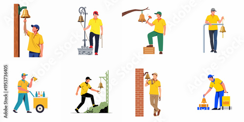 Set of eight flat vector illustrations showing men in yellow shirts ringing golden bells in various scenes and environments.