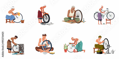 Vector illustration set of an elderly South Asian man in traditional attire cleaning and repairing bicycle and motorcycle wheels.