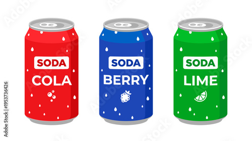 Three colorful soda cans, cola, berry, and lime, isolated on background, each displaying their unique flavor