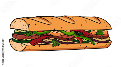 Delicious and vibrant illustration of a long sandwich filled with a variety of fresh ingredients, artfully arranged