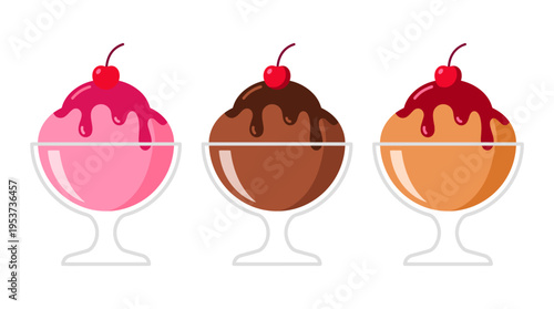 Three various ice cream scoops with different toppings, a delightful and refreshing treat, perfect for a hot day or dessert