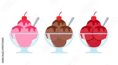 A Trio of Delicious Ice Cream Sundaes, Each with a Cherry on Top