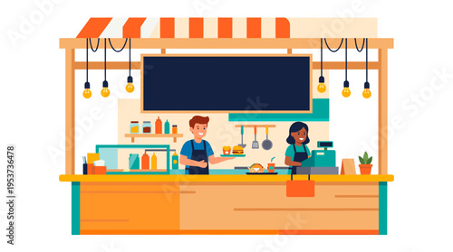 A welcoming outdoor food stand with friendly staff and menu board. The stall is equipped with various food items. 