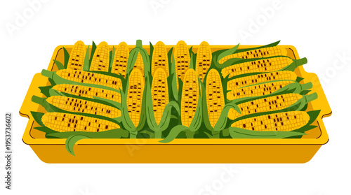 Freshly grilled corn on the cob served in a yellow tray. A delightful culinary image, perfect for food enthusiasts.