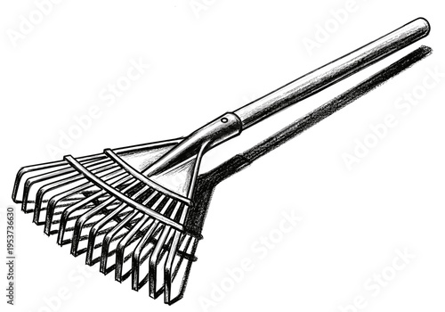 Black and white illustration of a garden rake with a long handle and metal tines casting a shadow