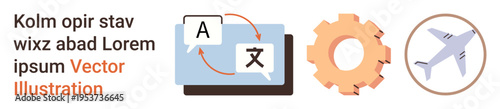 Translation services, global travel, technology, language learning, tourism, workflow. Laptop with translation symbols, airplane and gear icon. Translation services and global travel concept