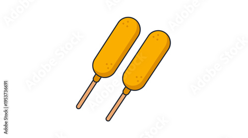 Two golden corn dogs on a stick, side by side. A simple illustration of a delicious food item