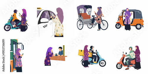 Vector Illustration Set of Muslim Women Using Various Urban Transportation Services and Modern Technology in Their Daily Lives