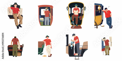 Flat illustration set of a man working with and resting near vintage horse-drawn carriages, featuring various poses and daily activities.