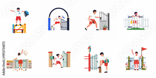 Set of illustrations depicting a schoolboy in various daily activities and interactions with different types of gates and fences.