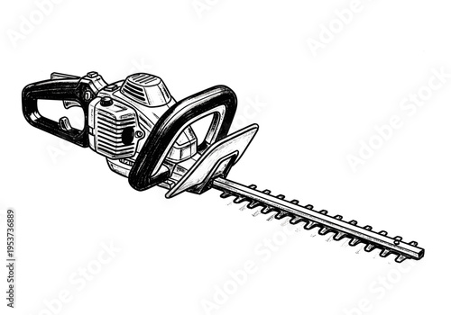 Detailed illustration of a gas-powered hedge trimmer with sharp blades and ergonomic handles