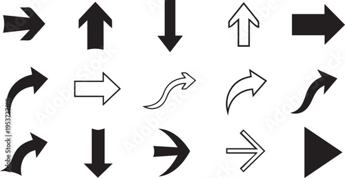 A collection of various black and white arrows pointing in different directions on a plain background