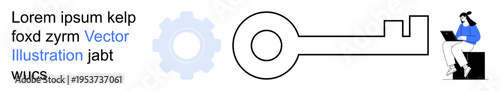 Digital security, online access, technology, cybersecurity, key metaphor, innovation. Image showcases a gear, a key and a person working on a laptop. Digital security and online access concept
