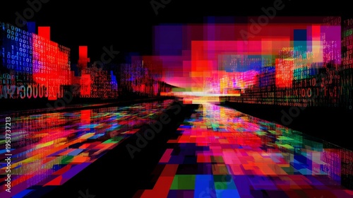 Abstract binary code and digital data stream with glitch effect, showing technology, cybersecurity, programming, geometric shapes, shifting colors, futuristic design, data flow, modern digital concept