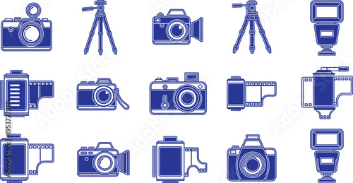A collection of various camera and photography equipment icons in blue
