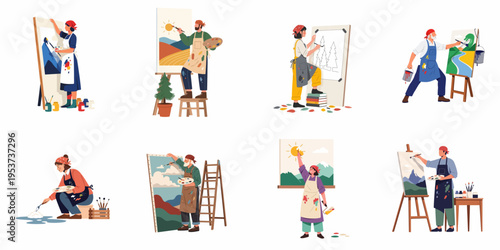 Set of Diverse Artists Painting Landscapes on Canvases with Brushes and Palettes in Creative Studio