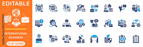 International business and global trade flat icons collection. World map, handshake, currency exchange, cargo shipping, briefcase, tax, logistics
