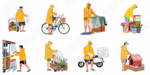 Set of flat illustrations showing people in yellow raincoats protecting various items and activities from the rain using plastic covers.