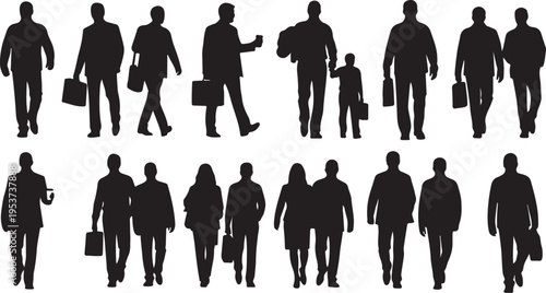 Silhouettes of people walking with briefcases and bags