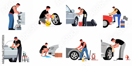 Set of Flat Vector Illustrations Featuring a Man Cleaning, Washing, Polishing, and Detailing Different Types of Cars and Auto Parts.