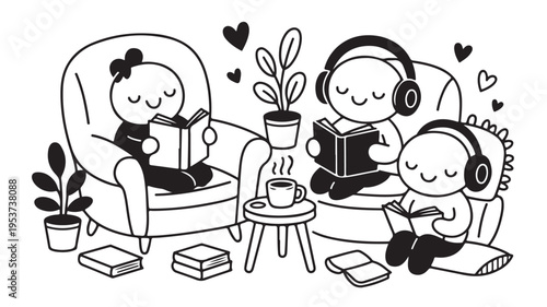 Happy children reading books and listening to music on couch in living room for educational and leisure concepts
