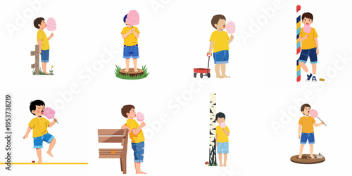 Collection of illustrations featuring a young boy in a yellow shirt and blue shorts enjoying pink cotton candy in various outdoor settings.