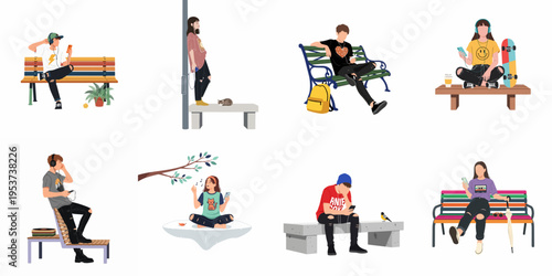 Set of diverse teenagers sitting on benches, using smartphones, and listening to music in a modern flat illustration style.