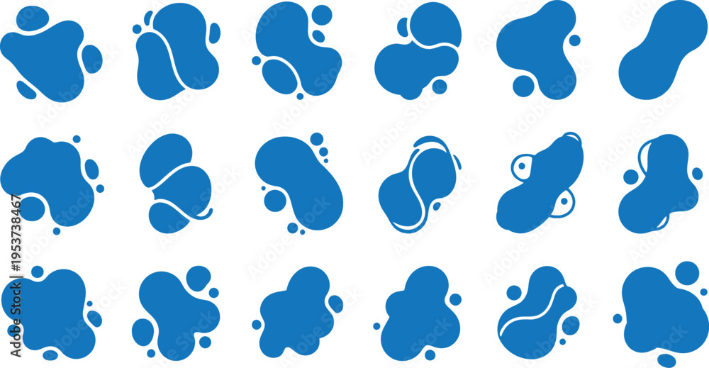 Fototapeta premium A collection of twenty abstract blue blob shapes arranged in four rows on a white background with unique contours and varying sizes