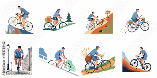Collection of flat vector illustrations depicting people on bicycles in various outdoor scenes, including mountain biking, city commuting, and flower delivery.