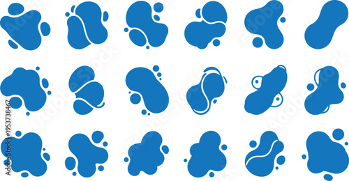 A collection of twenty abstract blue blob shapes arranged in four rows on a white background with unique contours and varying sizes