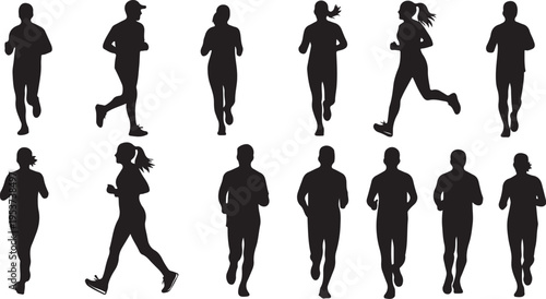 Silhouettes of people running in various poses together