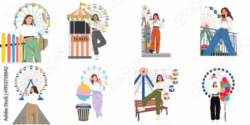 Set of vector illustrations featuring a young woman enjoying a day at an amusement park with a Ferris wheel, taking selfies and posing.