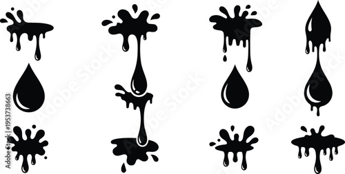 Set of Black Ink Splatter and Liquid Drop Icons