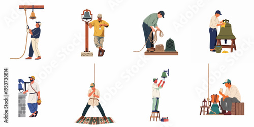 Flat design illustrations featuring men performing various bell-related tasks such as ringing, cleaning, and maintenance across several distinct scenarios.