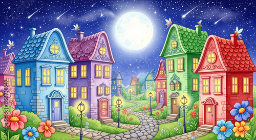 Vibrant cartoon night cityscape illustration