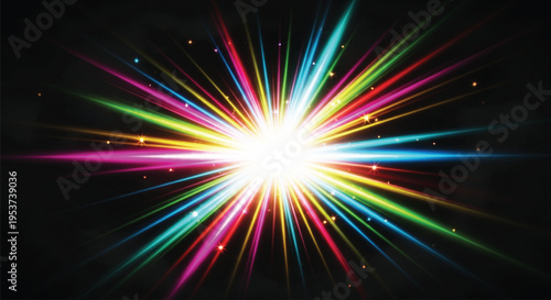 A stunning digital explosion of radiant light beams in a spectrum of vibrant colors, creating a dynamic starburst effect against a deep, dramatic black background.