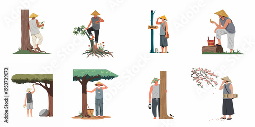 Vector illustration set of men in traditional conical hats exploring nature, navigating with maps and compasses, and enjoying various outdoor activities.