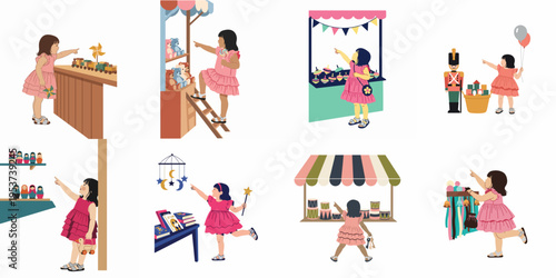 Collection of illustrations featuring a little girl in a pink dress exploring toy shops, market stalls, and carnivals, filled with childhood wonder.