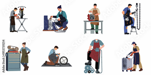 Set of professional mechanics and workshop workers performing various maintenance and repair tasks on machinery and engines, flat vector illustration.